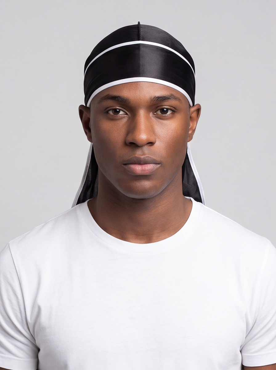 Durag de satén negro y blanco