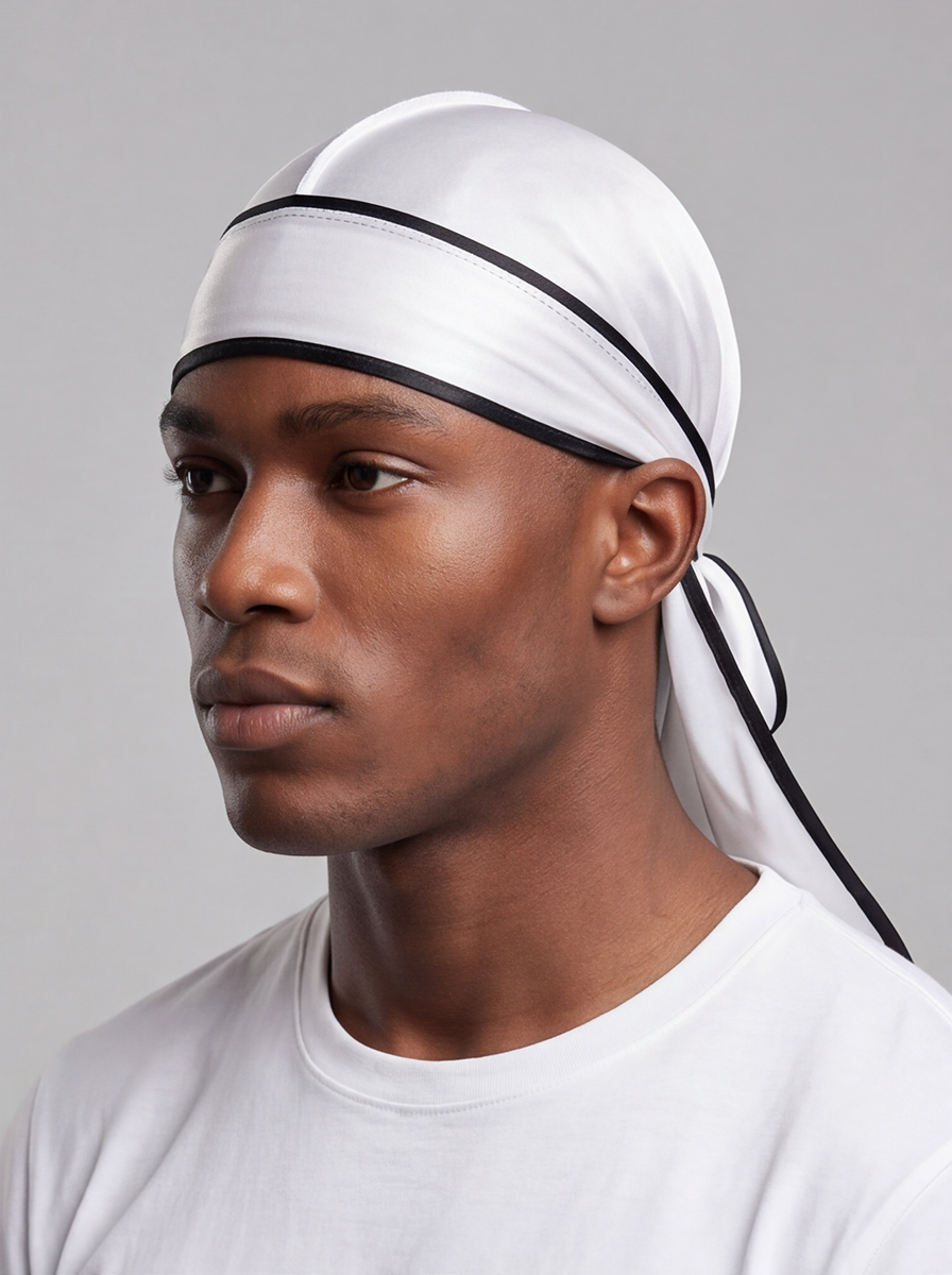 Weiß-schwarzer Satin Durag