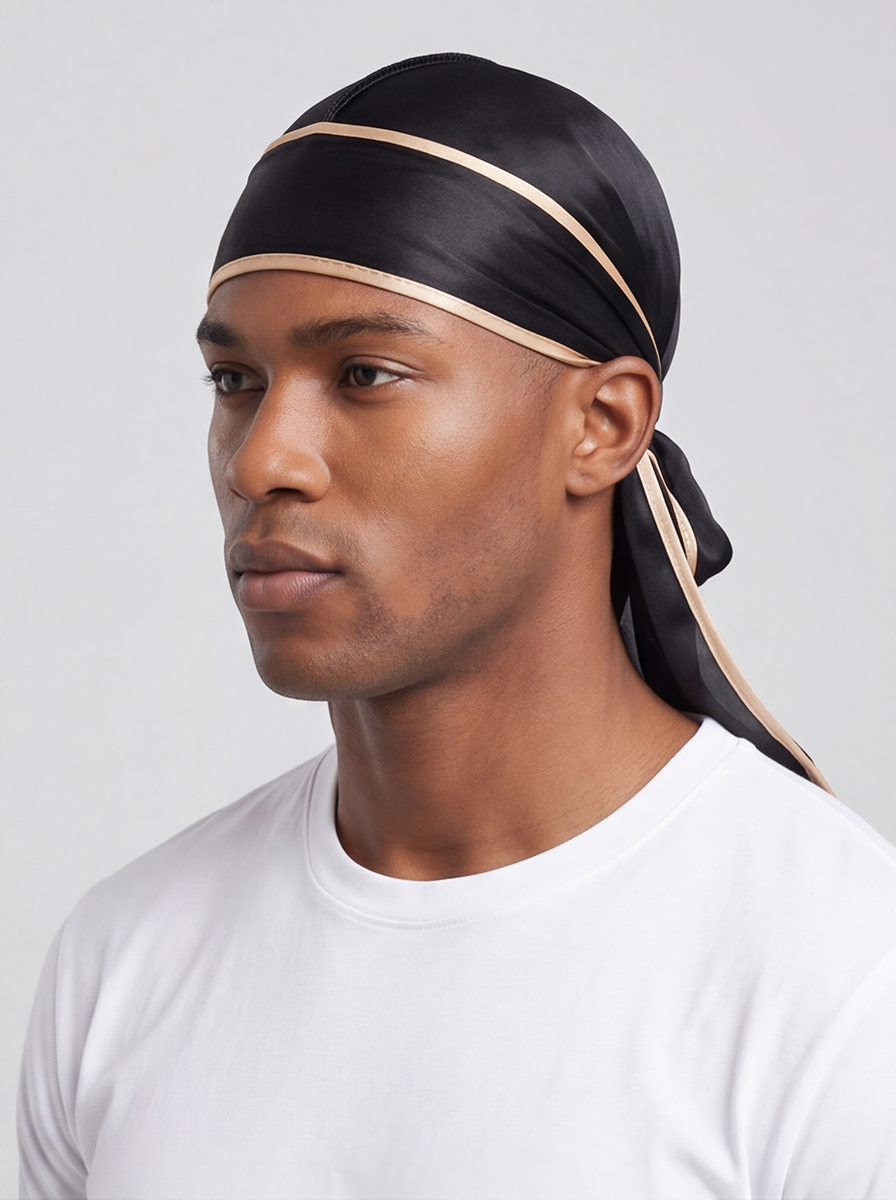 Durag in raso nero e oro
