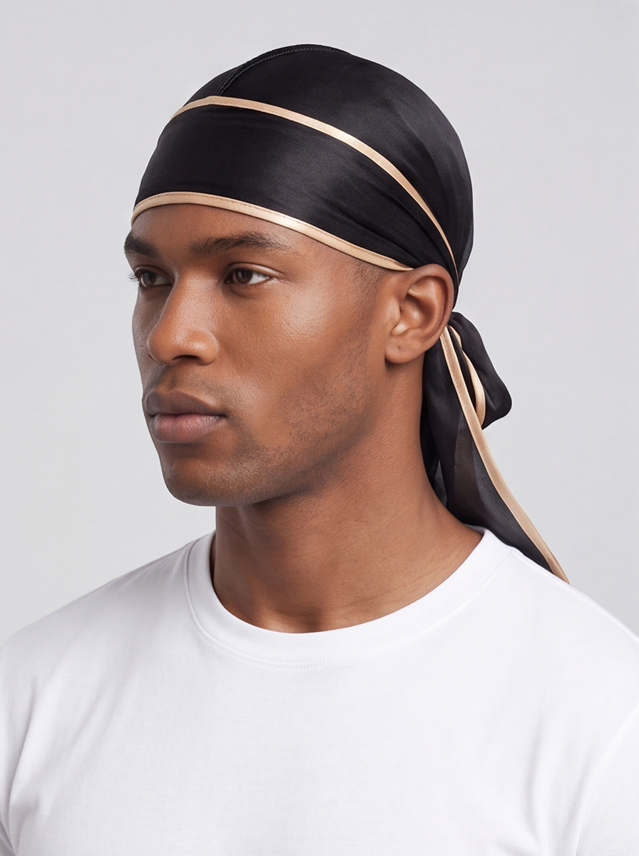 Durag in raso nero e oro