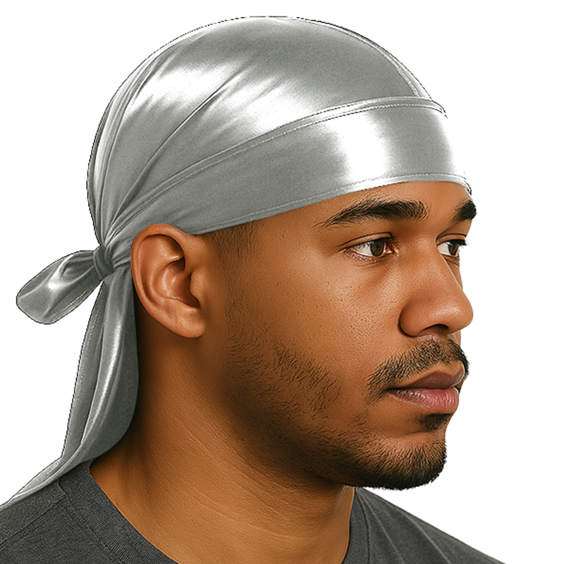 Durags In Seta Uomo - Set Da 2 Berretti Elastici Per Compressione Capelli, Nero E Argento, Taglia Unica